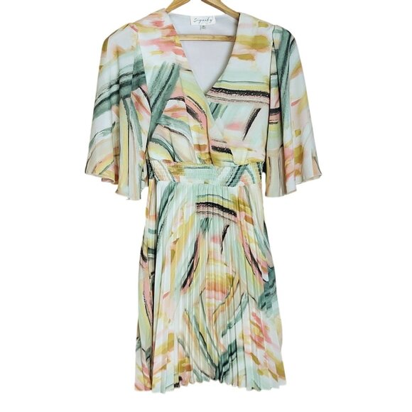 Signify Womens Multicolor Pleated Midi Dress With Flutter Sleeves & Smocked Wais - Picture 1 of 11